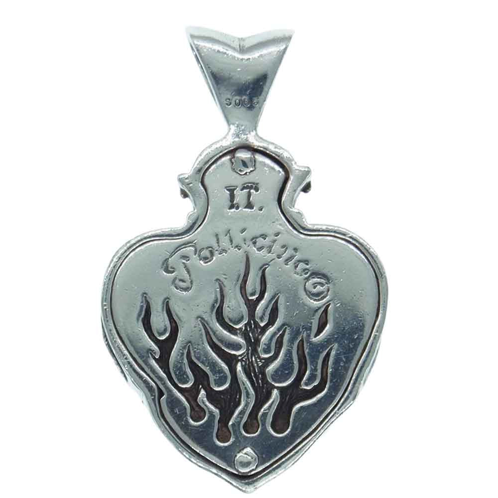 レザーズアンドトレジャーズ Small flame heart w/stingray w/sapphire スモール フレーム ハート ペンダント スティングレイ レザー ネックレス シルバー系 ブルー系【中古】