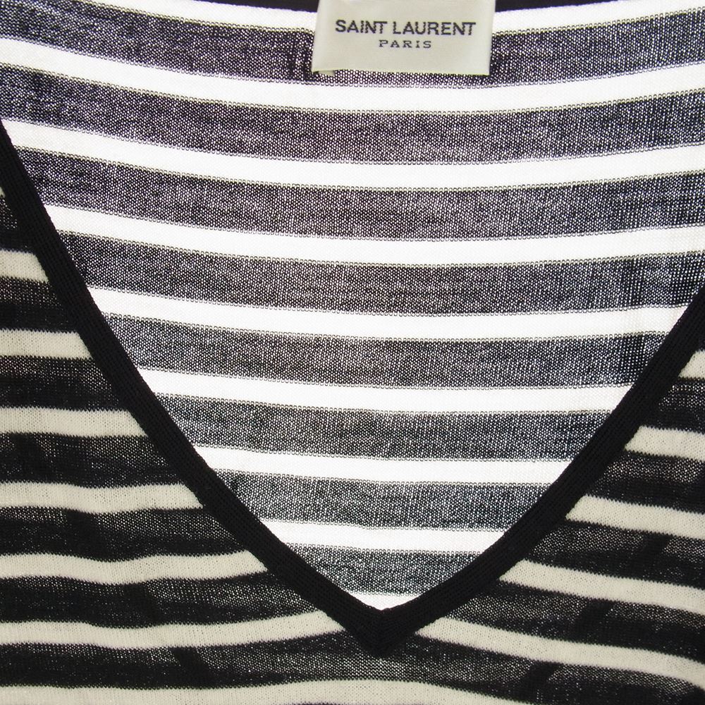 SAINT LAURENT サンローラン 313818 Y1AHJ 国内正規品 Vネック ボーダー ウール ポケット カットソー 半袖 ブラック系 S【中古】