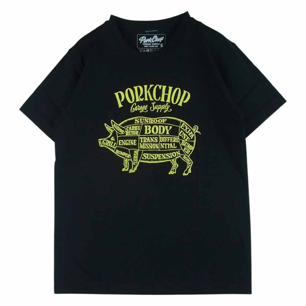 ポークチョップ ガレージ サプライ PORK FRONT TEE ポーク フロント 半袖 Tシャツ ブラック系 S【新古品】【未使用】【中古】