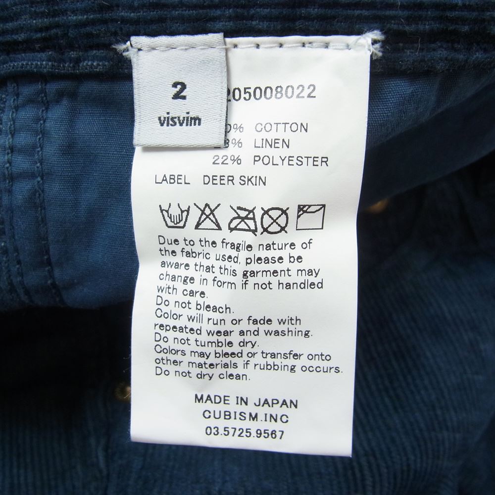 VISVIM ビズビム 13AW  0113205008022 FLUXUS 04 N.D. CORDUROY  天然 藍染 コーデュロイ パンツ  ネイビー系 2【美品】【中古】