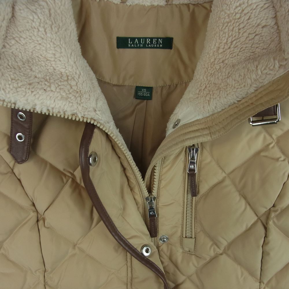 RALPH LAUREN ラルフローレン 襟裏ボアフリース切替 ベルトストラップ キルティング ダウン コート ベージュ系 XS【中古】