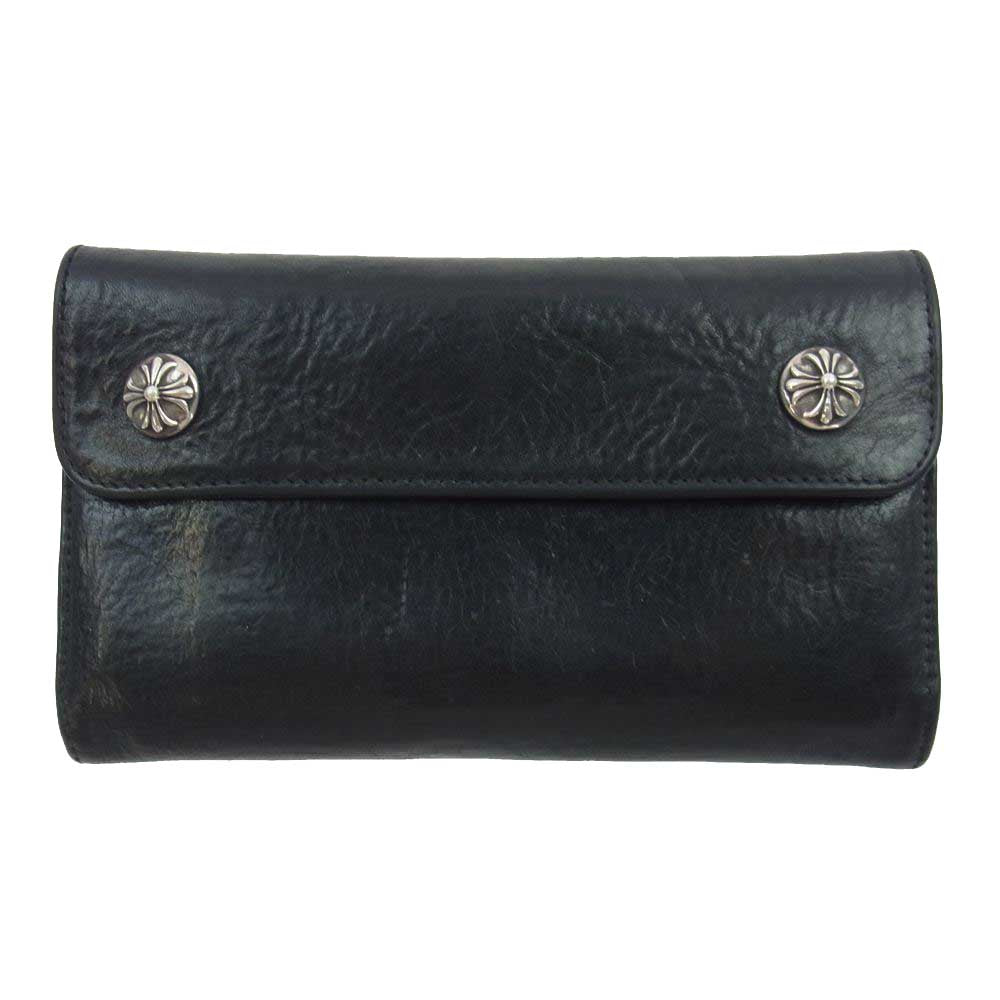 CHROME HEARTS クロムハーツ（原本無） WAVE CROSS BALL ウェーブ クロスボールボタン レザー ウォレット 財布 ブラック系【中古】