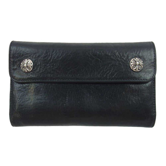 CHROME HEARTS クロムハーツ（原本無） WAVE CROSS BALL ウェーブ クロスボールボタン レザー ウォレット 財布 ブラック系【中古】
