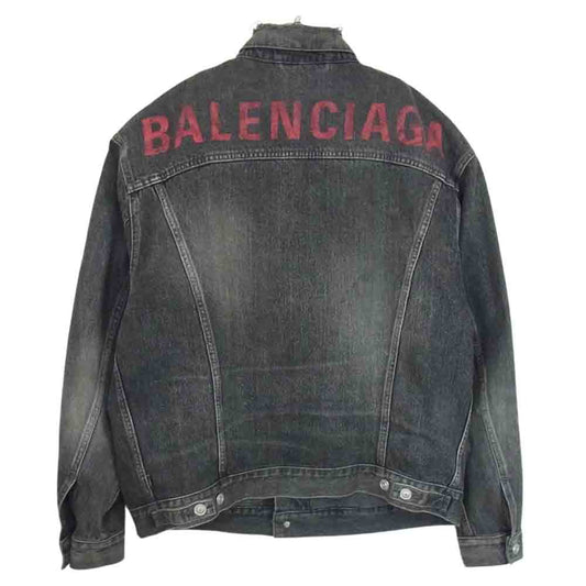 BALENCIAGA バレンシアガ 18AW 534554 TXE03 LOGO BLACK DENIM JACKET バックロゴ プリント ブラック デニム ダメージ ジャケット  ブラック系 44【中古】