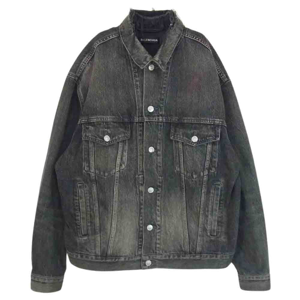 BALENCIAGA バレンシアガ 18AW 534554 TXE03 LOGO BLACK DENIM JACKET バックロゴ プリント ブラック デニム ダメージ ジャケット  ブラック系 44【中古】