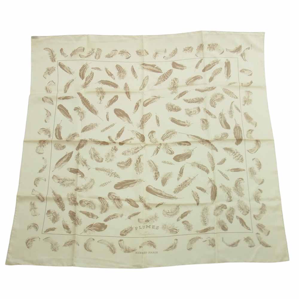 HERMES エルメス カレ 90 PLUMES par Henride Linares 羽柄 シルク スカーフ ベージュ系【中古】