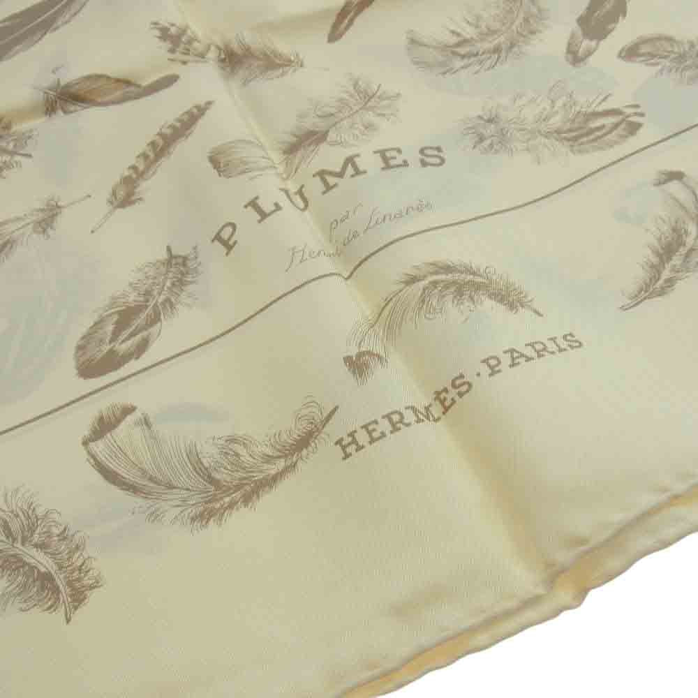 HERMES エルメス その他アクセサリー カレ 90 PLUMES par Henride Linares 羽柄 シルク スカーフ ベージュ系