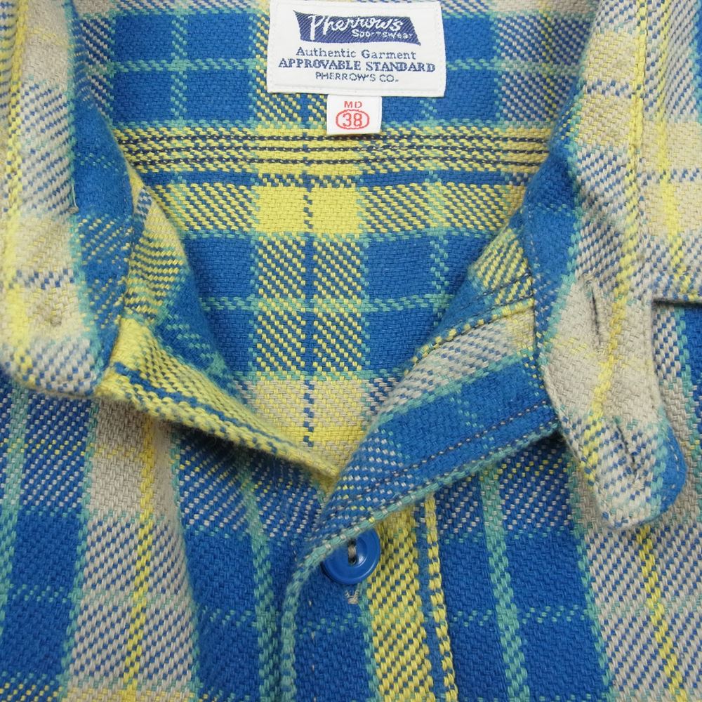 Pherrow's フェローズ チンストラップ フランネル チェック 長袖 シャツ ブルー イエロー系 ブルー系 38【中古】
