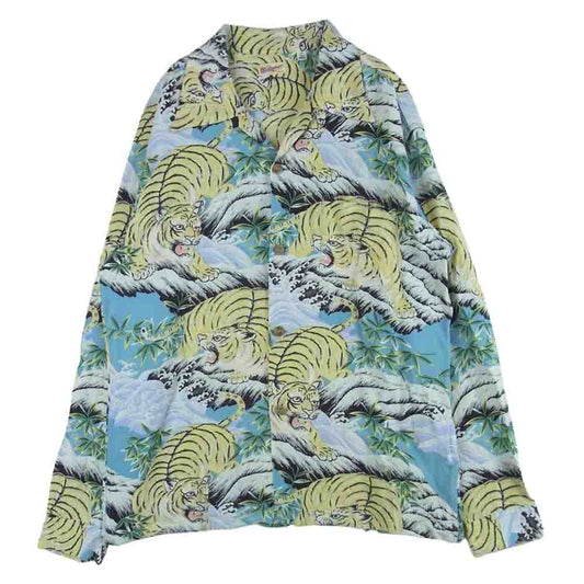 SUN SURF サンサーフ SS29004 FIGHTING TIGER ファイティングタイガー L/S RAYON HAWAIIAN SHIRT ハワイアン アロハ シャツ 長袖 ライトブルー系 L【極上美品】【中古】
