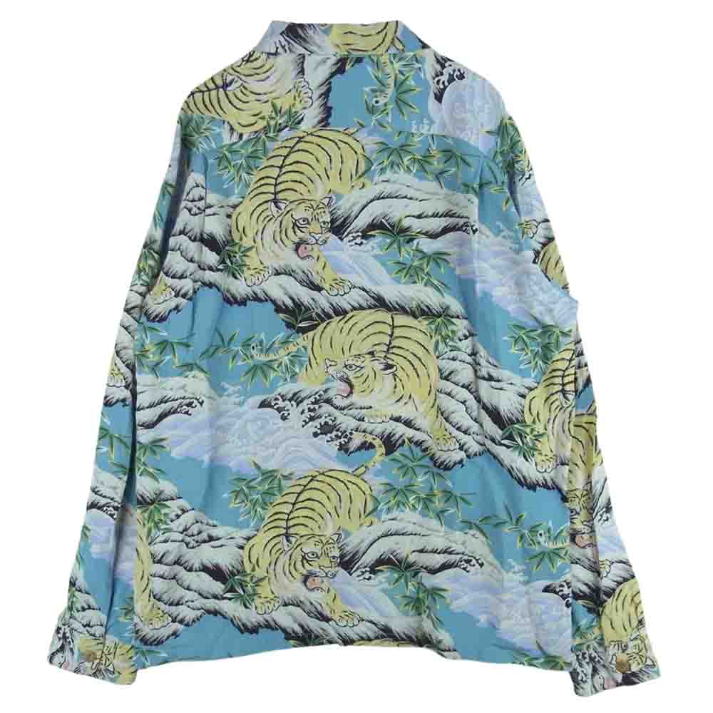 SUN SURF サンサーフ SS29004 FIGHTING TIGER ファイティングタイガー L/S RAYON HAWAIIAN SHIRT ハワイアン アロハ シャツ 長袖 ライトブルー系 L【極上美品】【中古】