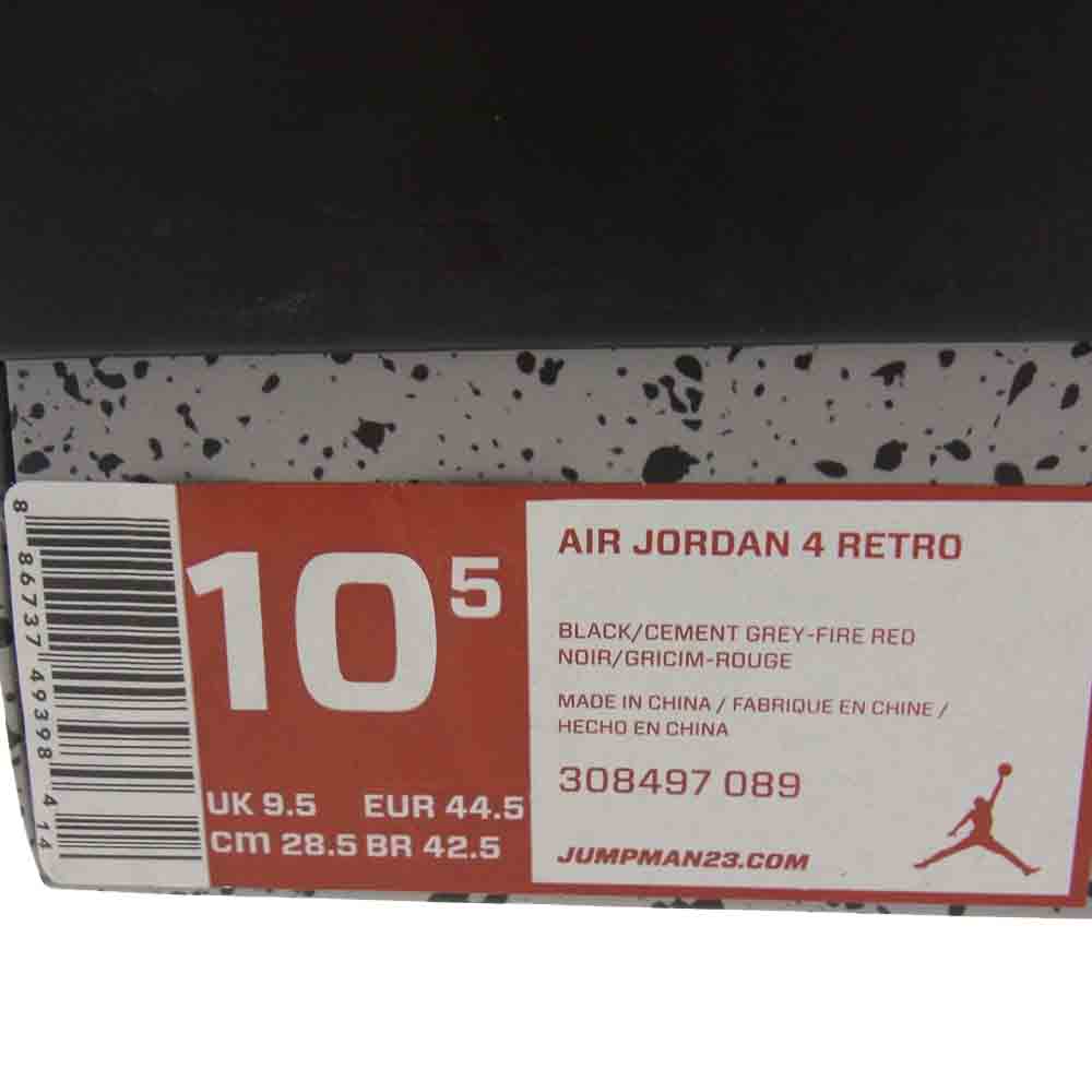 NIKE ナイキ 308497-089 AIR JORDAN 4 RETRO エアジョーダン 4 レトロ ブラック/セメントグレー/バーシティレッド スニーカー ブラック系 28.5cm【中古】