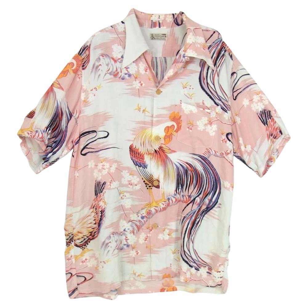 Denime ドゥニーム 和柄 レーヨン アロハ シャツ 鶏 ちりめん ピンク系 L【中古】