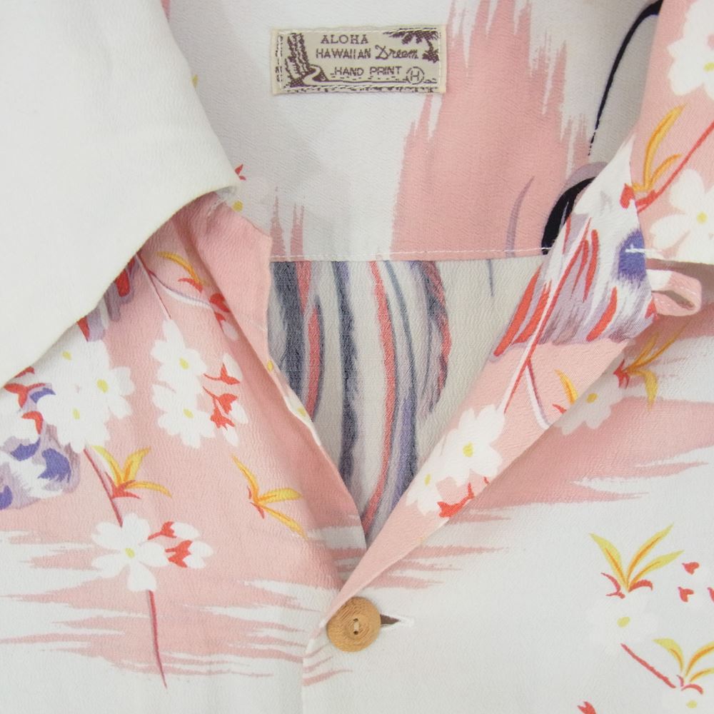 Denime ドゥニーム 和柄 レーヨン アロハ シャツ 鶏 ちりめん ピンク系 L【中古】