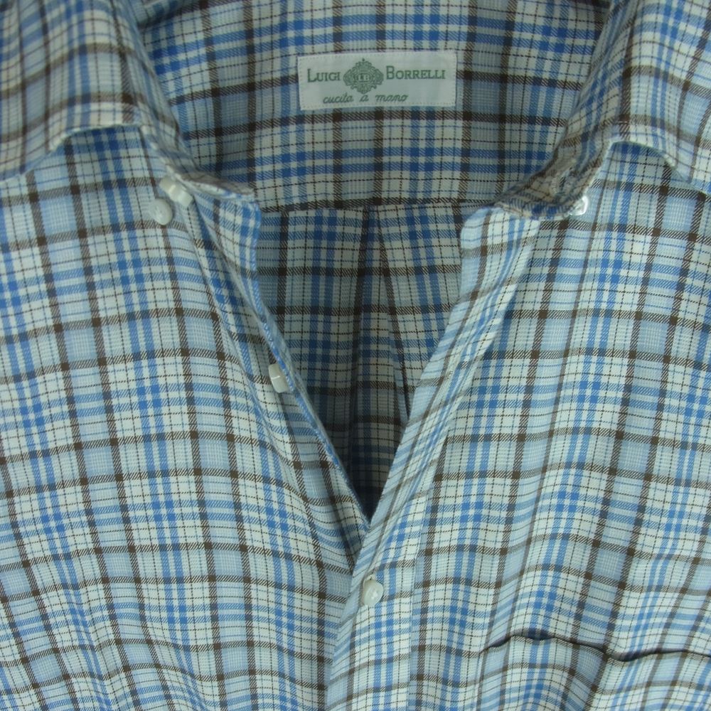 Luigi Borrelli ルイジ・ボレッリ ボタンダウン フランネル 長袖 シャツ コットン ライトブルー系 ブラウン系 15.5【極上美品】【中古】