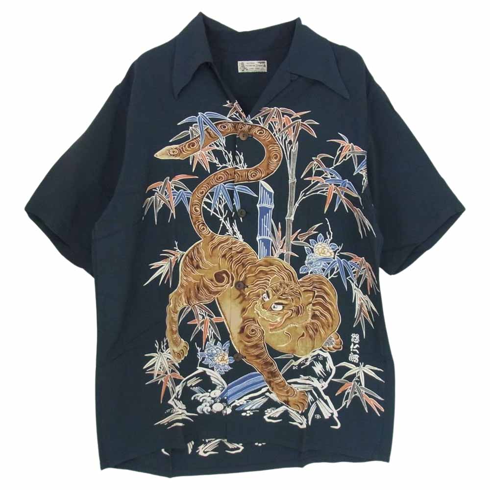 Denime ドゥニーム 和柄 レーヨン アロハ シャツ 竹 虎  ブラック系 L【中古】