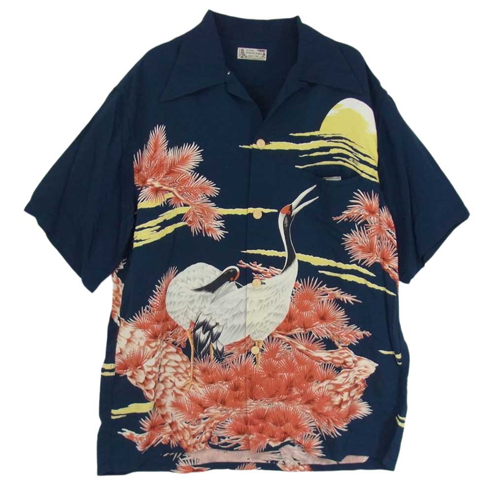 Denime ドゥニーム 和柄 レーヨン アロハ シャツ 鶴 ネイビー系 L【中古】