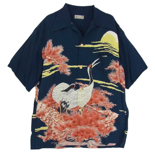 Denime ドゥニーム 和柄 レーヨン アロハ シャツ 鶴 ネイビー系 L【中古】