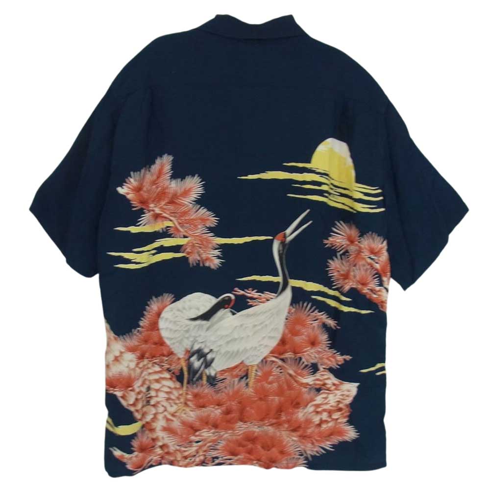 Denime ドゥニーム 和柄 レーヨン アロハ シャツ 鶴 ネイビー系 L【中古】