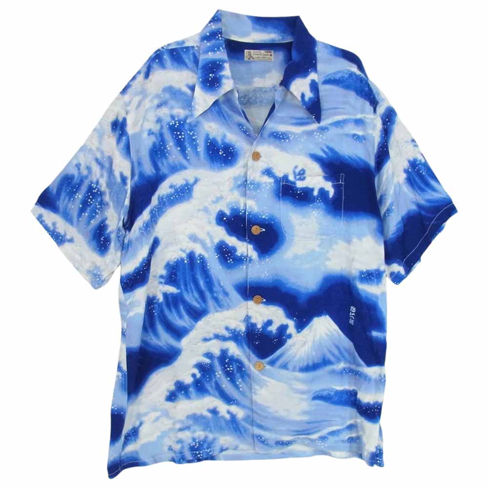 Denime ドゥニーム 和柄 レーヨン アロハ シャツ 怒仁無 浮世絵 ちりめん ブルー系 L【中古】