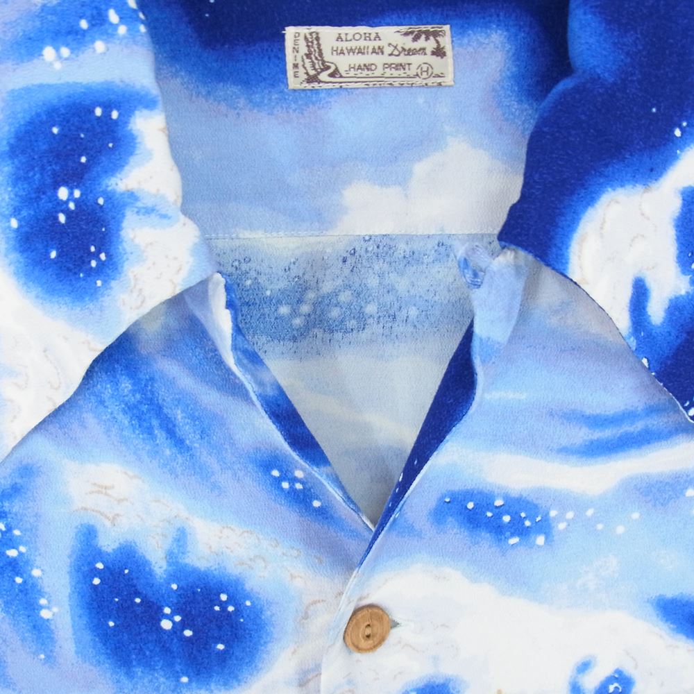 Denime ドゥニーム 和柄 レーヨン アロハ シャツ 怒仁無 浮世絵 ちりめん ブルー系 L【中古】