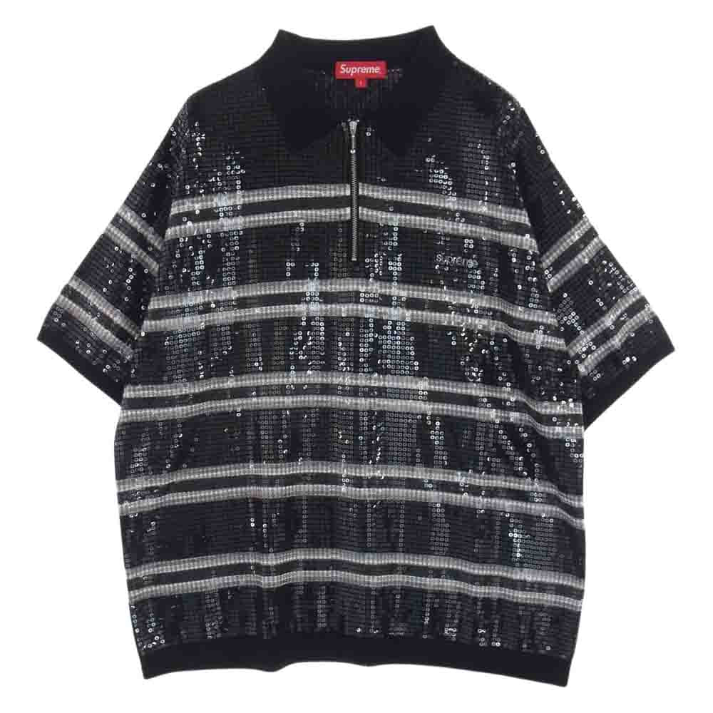 Supreme シュプリーム 23SS Sequin Stripe Zip Polo シークイン ストライプ ジップ ポロ シャツ ブラック系 L【美品】【中古】