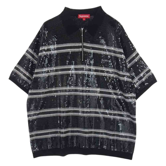 Supreme シュプリーム 23SS Sequin Stripe Zip Polo シークイン ストライプ ジップ ポロ シャツ ブラック系 L【美品】【中古】