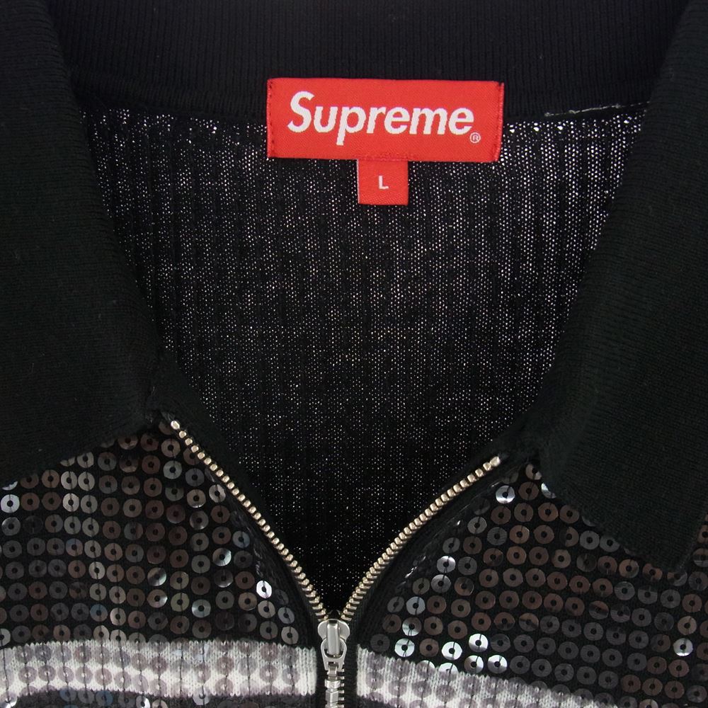 Supreme シュプリーム 23SS Sequin Stripe Zip Polo シークイン ストライプ ジップ ポロ シャツ ブラック系 L【美品】【中古】