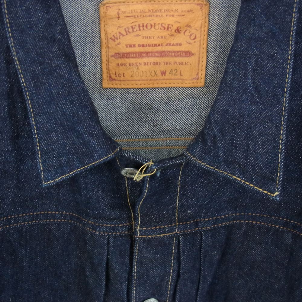 WAREHOUSE ウエアハウス Lot 2001XX 1ST TYPE DENIM JACKET ディア スキンレザーパッチ 鹿革 ファースト タイプ デニム ジャケット インディゴブルー系 42【美品】【中古】