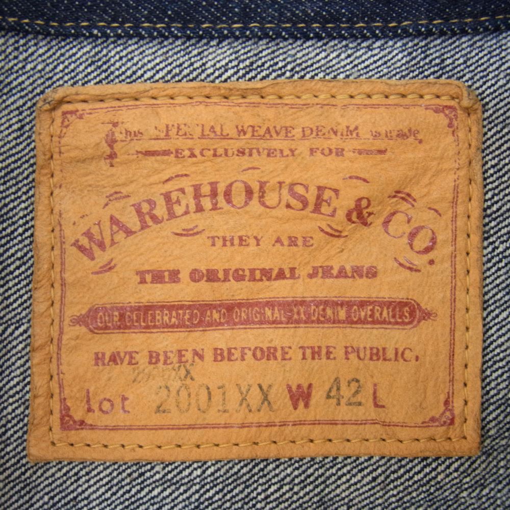 WAREHOUSE ウエアハウス Lot 2001XX 1ST TYPE DENIM JACKET ディア スキンレザーパッチ 鹿革 ファースト タイプ デニム ジャケット インディゴブルー系 42【美品】【中古】