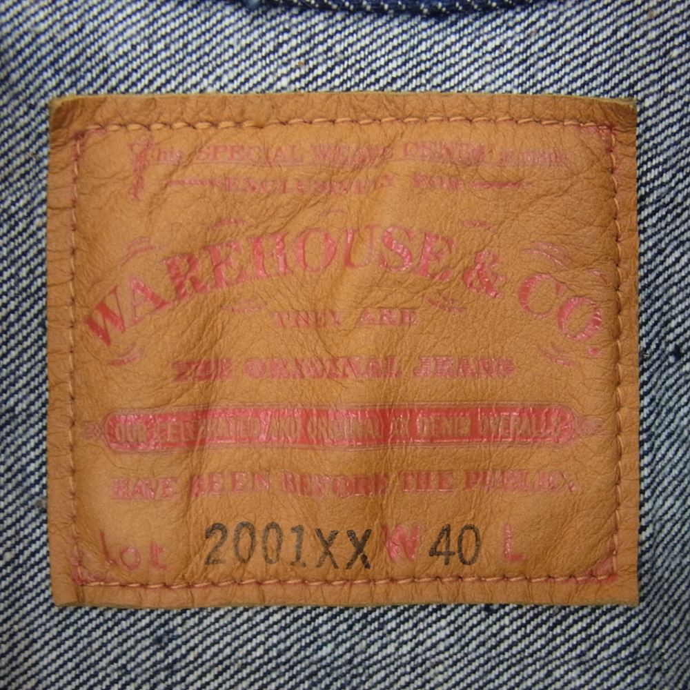 WAREHOUSE ウエアハウス Lot 2001XX 1ST TYPE DENIM JACKET ディア スキンレザーパッチ 鹿革 ファースト タイプ デニム ジャケット インディゴブルー系 40【美品】【中古】