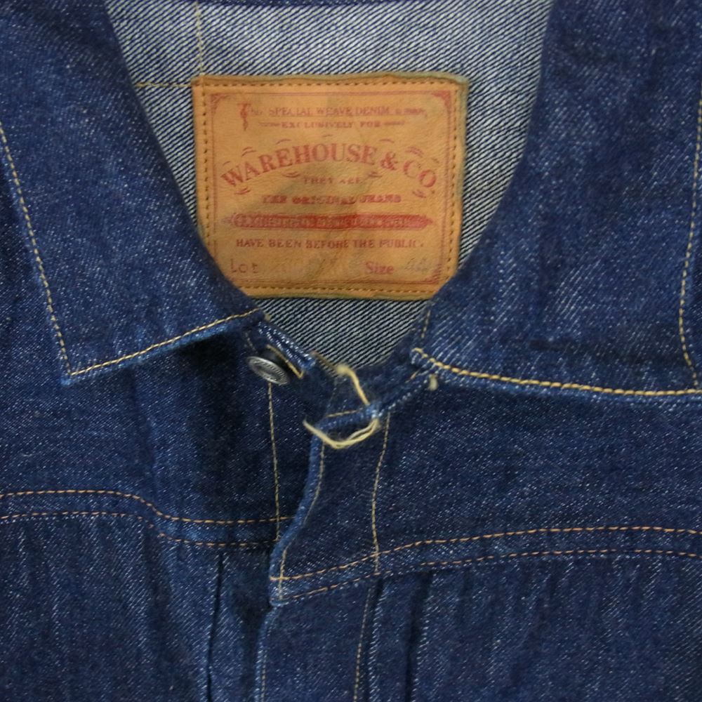 WAREHOUSE ウエアハウス Lot 2001XX 1915 1920 MODEL DOWN POCKET ダウン ポケット ディア スキン レザーパッチ デニム ジャケット 鹿革 インディゴブルー系 44【美品】【中古】