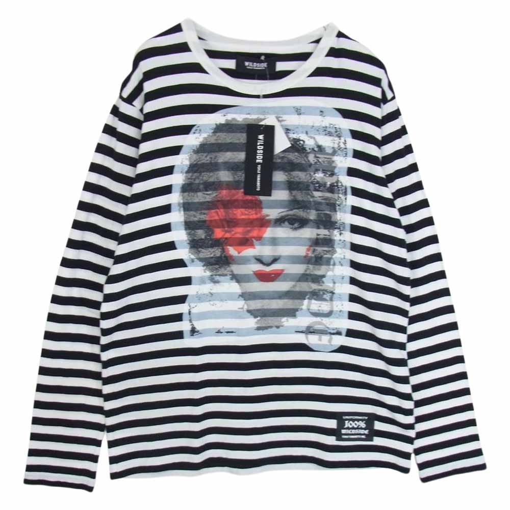 Yohji Yamamoto ヨウジヤマモト WILDSIDE ワイルドサイド WZ-T16-008-1-02 Portrait Border T-shirt プリント ボーダー Tシャツ カットソー  ブラック系 ホワイト系 3【美品】【中古】