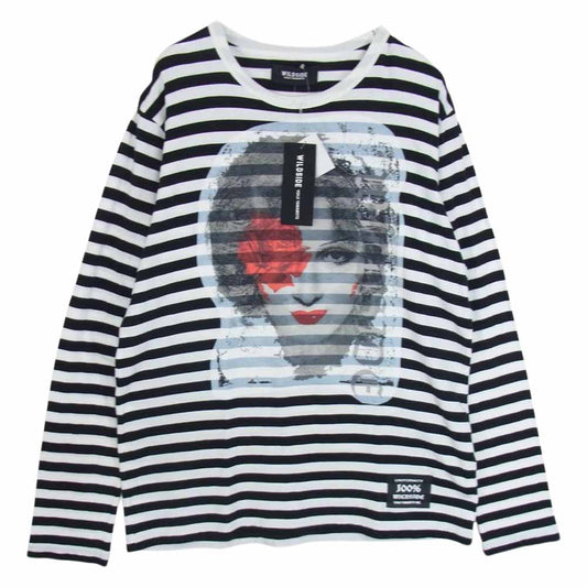 Yohji Yamamoto ヨウジヤマモト WILDSIDE ワイルドサイド WZ-T16-008-1-02 Portrait Border T-shirt プリント ボーダー Tシャツ カットソー  ブラック系 ホワイト系 3【美品】【中古】