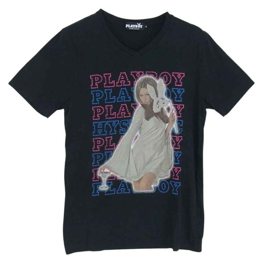 HYSTERIC GLAMOUR ヒステリックグラマー 1243CT01 × PLAYBOY プレイボーイ Vネック プリント 半袖 Tシャツ ブラック系 S【中古】