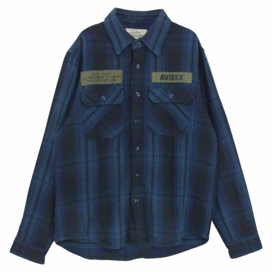 AVIREX アヴィレックス 6195140 US ARMY FLANNEL WORK SHIRT ミリタリーワッペン フランネル チェック ワークシャツ ブルー系 ブラック系 M【中古】