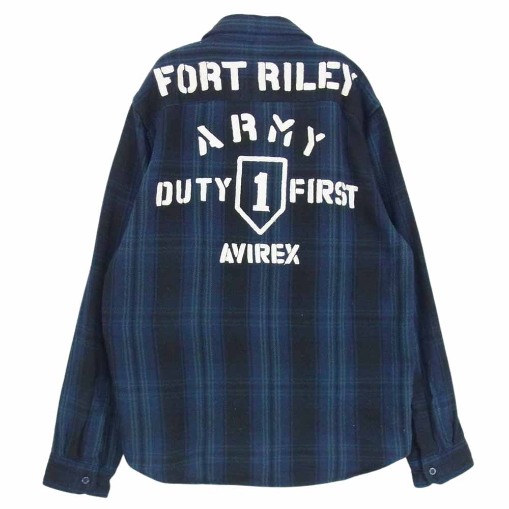 AVIREX アヴィレックス 6195140 US ARMY FLANNEL WORK SHIRT ミリタリーワッペン フランネル チェック ワークシャツ ブルー系 ブラック系 M【中古】