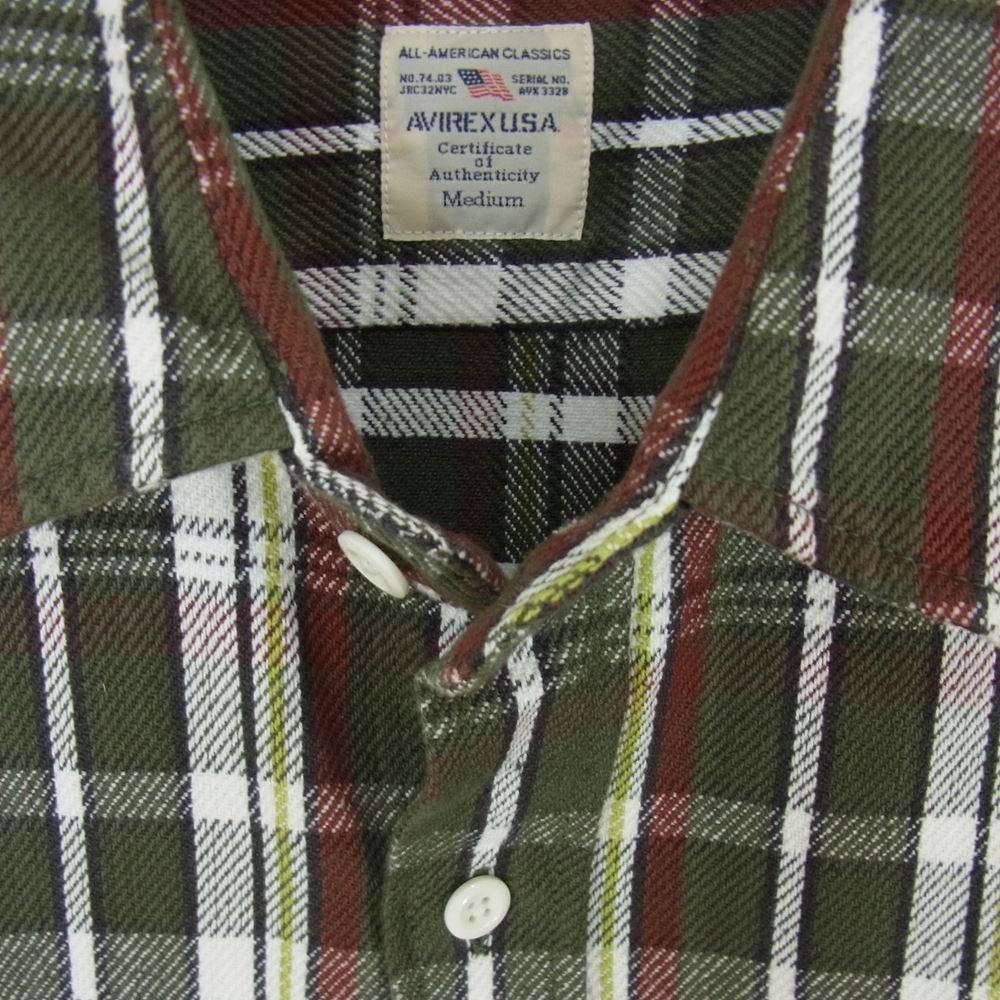 AVIREX アヴィレックス 6195127 FLANNEL WORK SHIRT デイリーウエア L/S コットン フランネル チェック ワークシャツ グリーン系 M【中古】