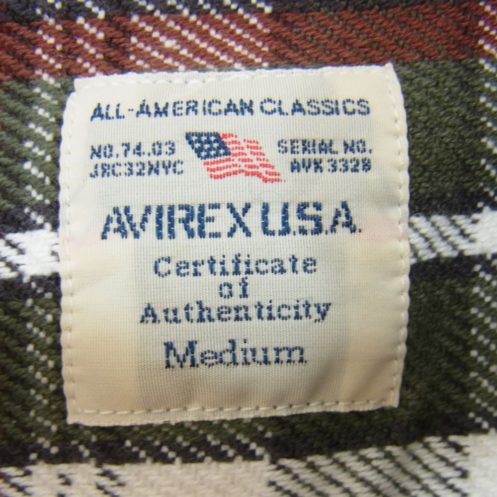 AVIREX アヴィレックス 6195127 FLANNEL WORK SHIRT デイリーウエア L/S コットン フランネル チェック ワークシャツ グリーン系 M【中古】