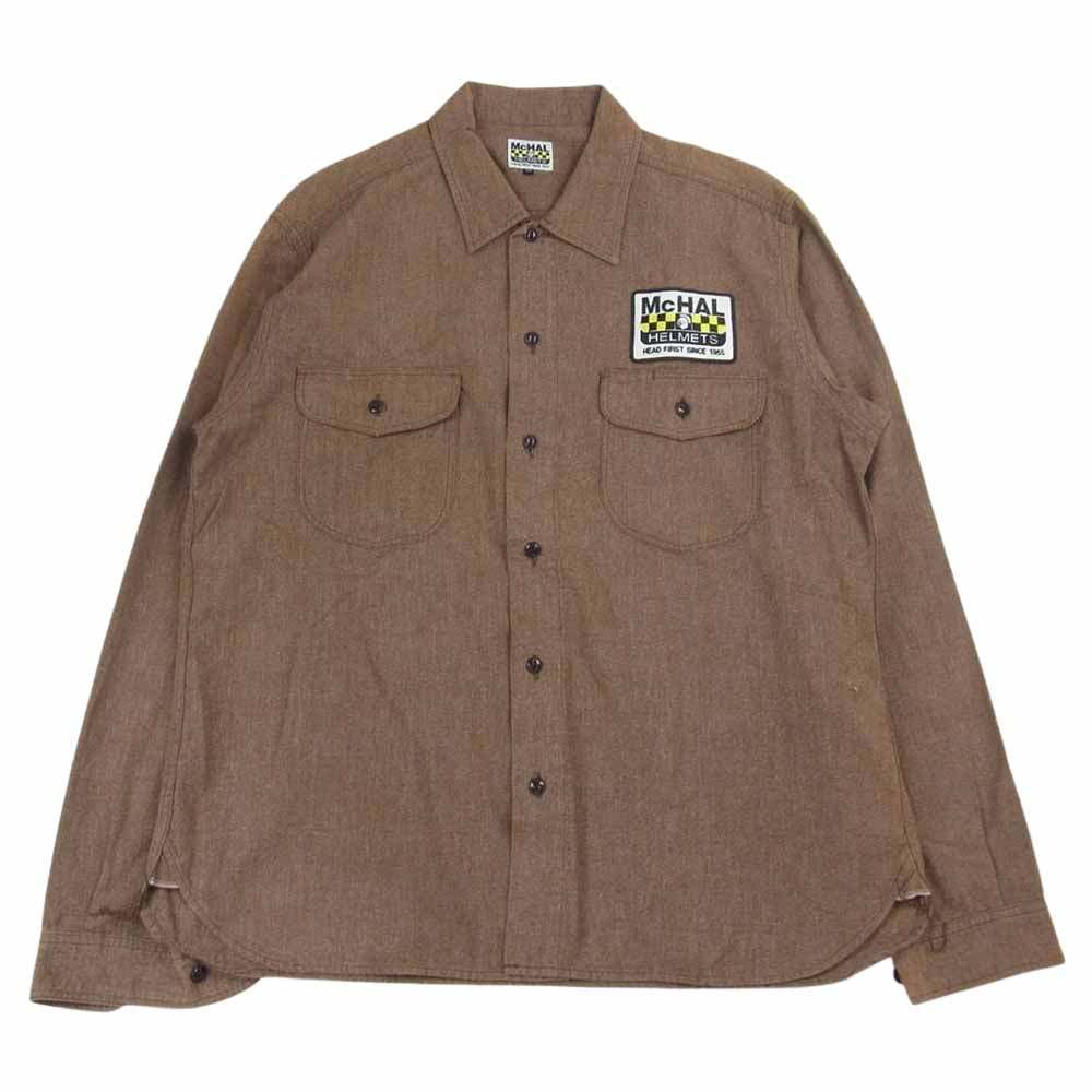 マックホール バック刺繍 フロント ワッペン 長袖 ワーク シャツ マチ付 ブラウン系 42【中古】