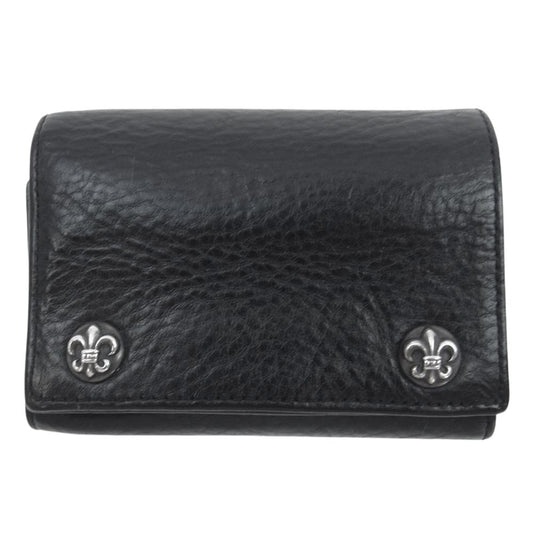 CHROME HEARTS クロムハーツ（原本無） 3 FOLD HEAVY LEATHER WALLET レザー 3フォールド クロスボタン 三つ折り コンパクト ウォレット ブラック系【中古】