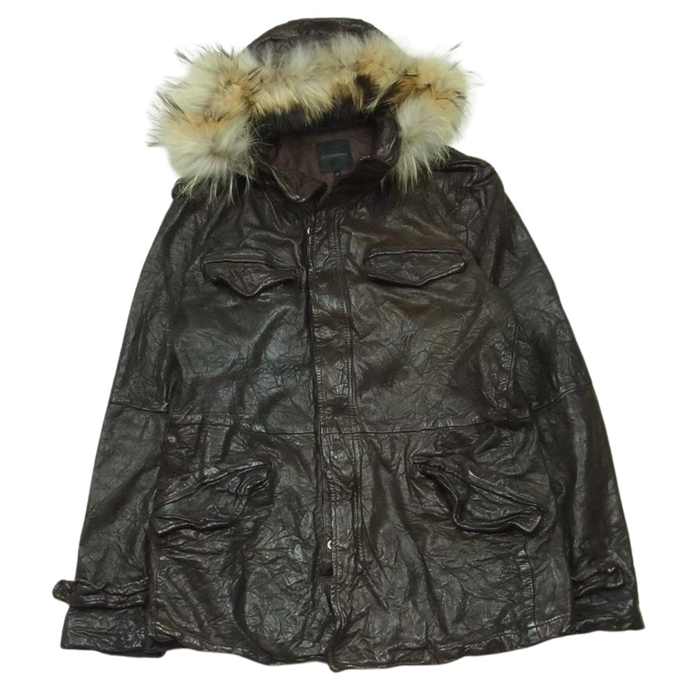 DESIGNWORKS デザインワークス 370090004 ファー フード レザー ジャケット インド製 ダークブラウン系 46【中古】