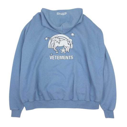 VETEMENTS ヴェトモン 18SS WSS18TR28 Rainbows Unicorn Hooded バック プリント ユニコーン パーカー ブルー系 XS【中古】