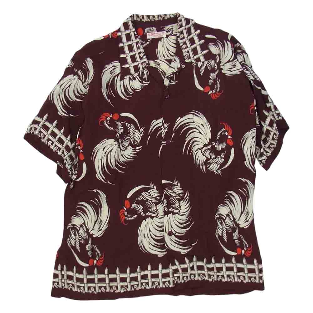 SUN SURF サンサーフ SS34459 ROOSTER ルースター 雄鶏 筆書き ハワイアンシャツ 半袖 アロハシャツ ワインレッド系 L【中古】