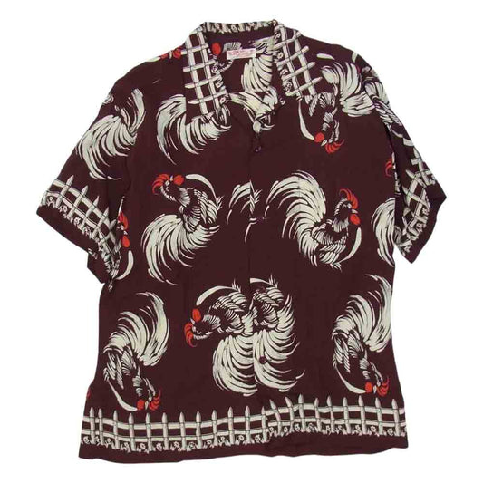 SUN SURF サンサーフ SS34459 ROOSTER ルースター 雄鶏 筆書き ハワイアンシャツ 半袖 アロハシャツ ワインレッド系 L【中古】