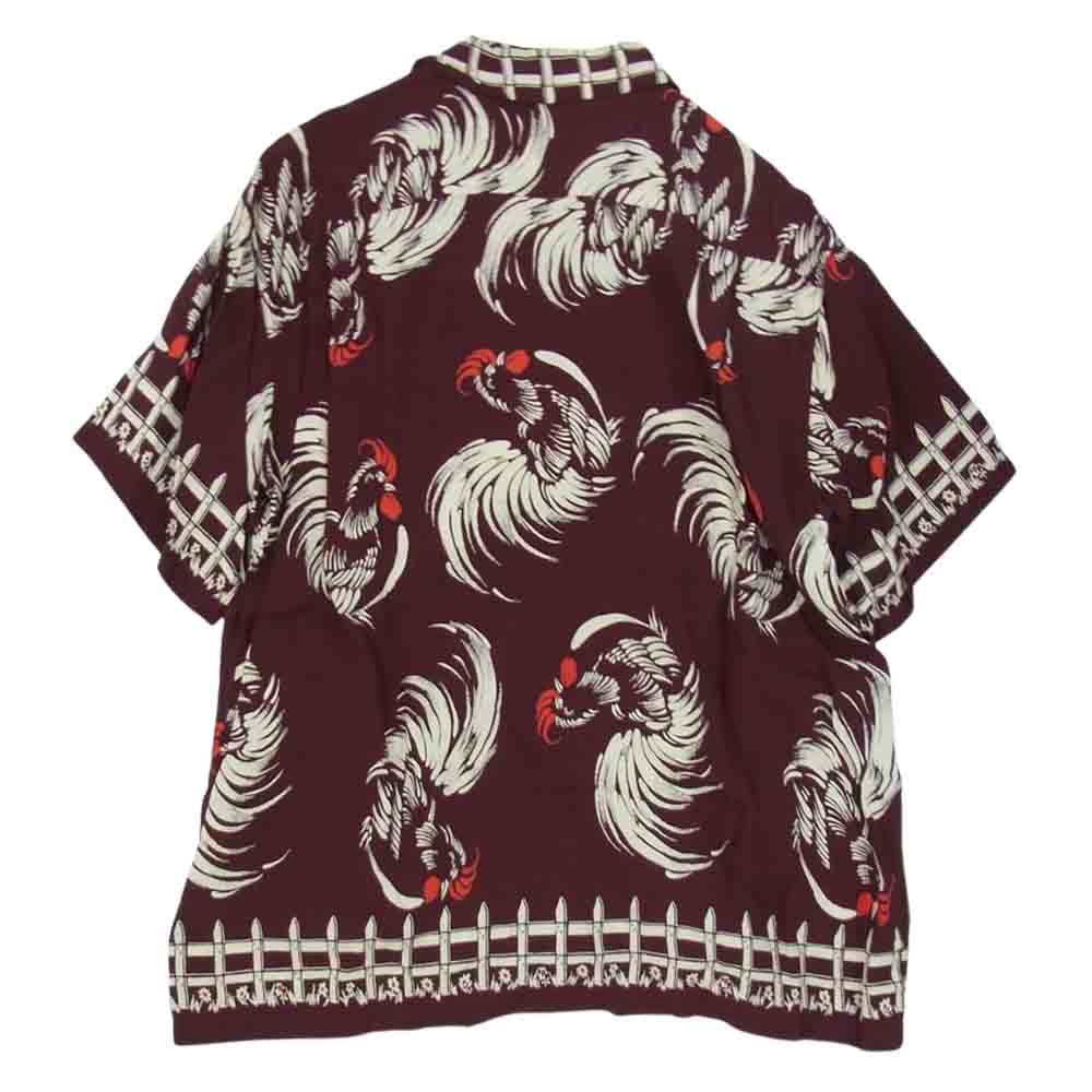 SUN SURF サンサーフ SS34459 ROOSTER ルースター 雄鶏 筆書き ハワイアンシャツ 半袖 アロハシャツ ワインレッド系 L【中古】