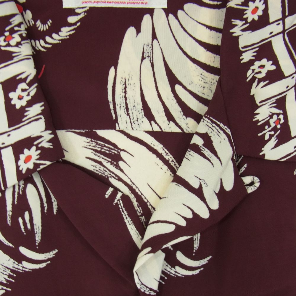 SUN SURF サンサーフ SS34459 ROOSTER ルースター 雄鶏 筆書き ハワイアンシャツ 半袖 アロハシャツ ワインレッド系 L【中古】