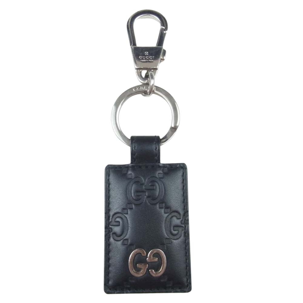 GUCCI グッチ シグネチャー レザー エンボス キーリング キーホルダー  ブラック系【中古】