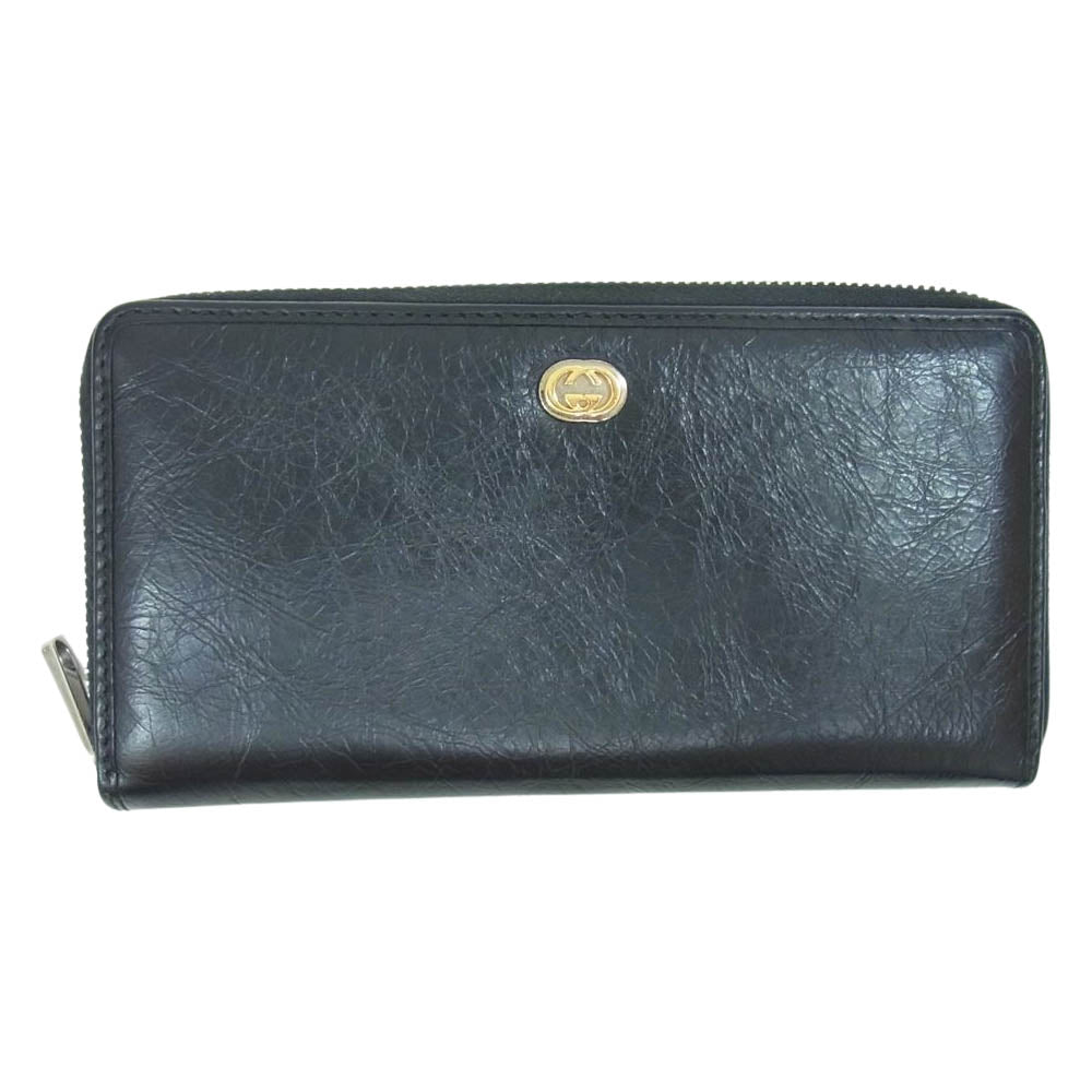 GUCCI グッチ 575988-0416 インターロッキングG レザー ラウンドファスナー 長財布 ブラック系【中古】