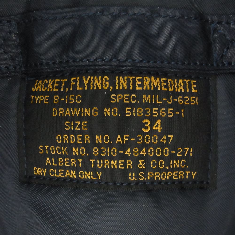 TOY'S McCOY トイズマッコイ MIL-J-6251 B-15C ALBERT TURNER社 実名復刻 AIR FORCE BLUE フライト ジャケット ネイビー系 34【中古】