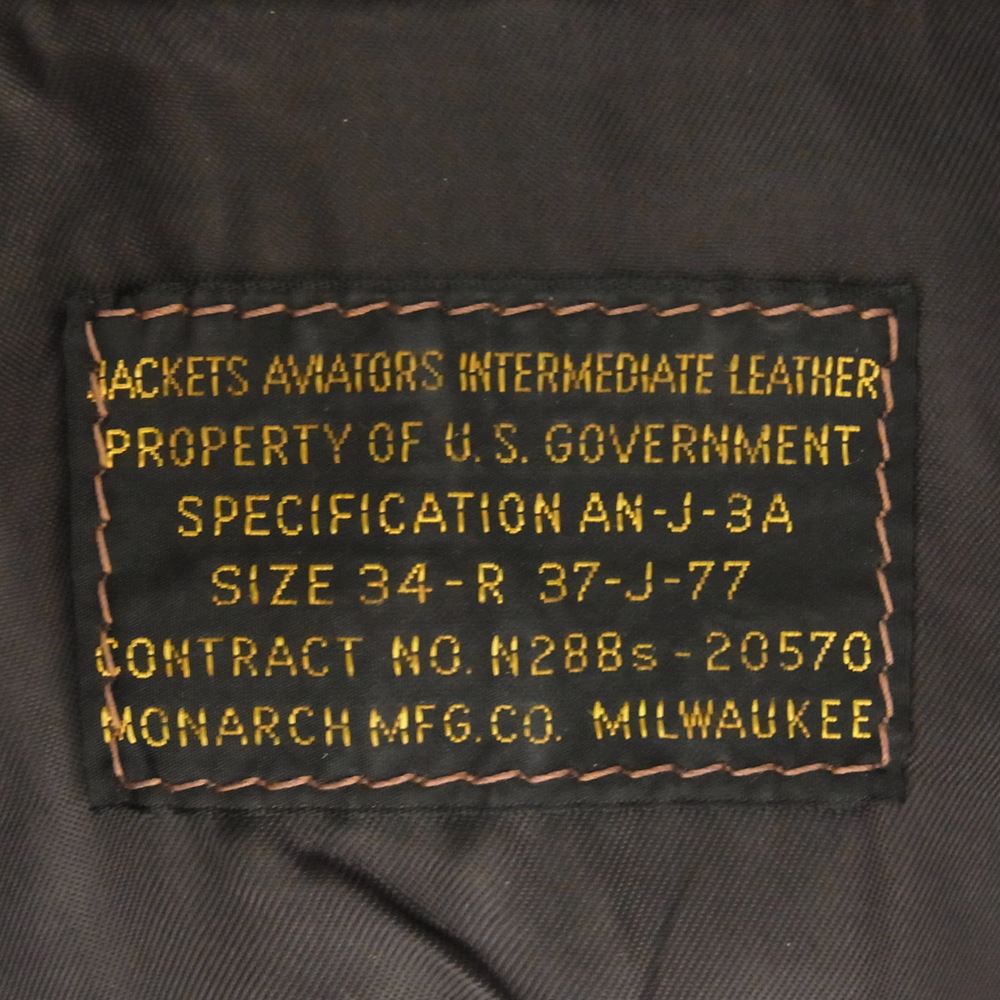 THE FEW ザフュー AN-J-3A MONARCH MFG CO 実名復刻 ボア フライト レザー ジャケット ブラウン系 34【中古】